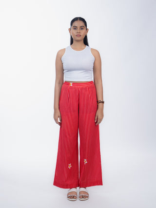 Red Stripes Linen Straight Pants