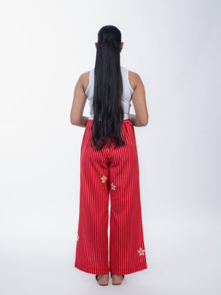 Red Stripes Linen Straight Pants