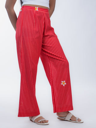 Red Stripes Linen Straight Pants