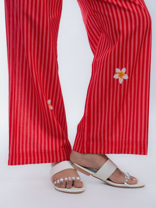 Red Stripes Linen Straight Pants