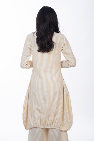 Beige Stripes Gathered Kurta Set with Embroidered Patch & Straight Pants