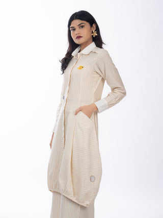 Beige Stripes Gathered Kurta Set with Embroidered Patch & Straight Pants