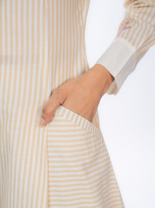 Beige Stripes Gathered Kurta Set with Embroidered Patch & Straight Pants