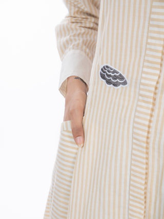 Beige Stripes Gathered Kurta Set with Embroidered Patch & Straight Pants