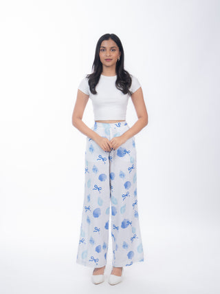 Blue Shell Printed White Jute Straight Pants