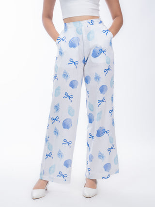 Blue Shell Printed White Jute Straight Pants