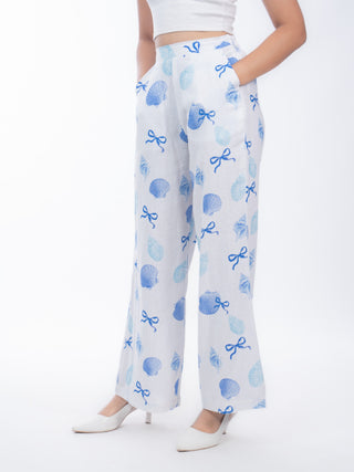 Blue Shell Printed White Jute Straight Pants