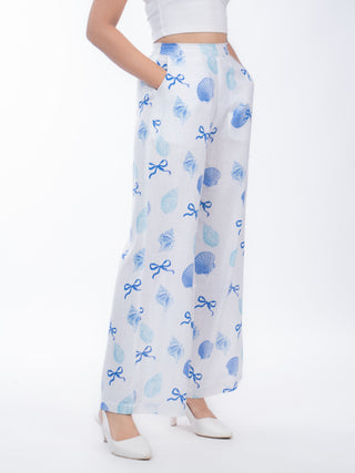 Blue Shell Printed White Jute Straight Pants