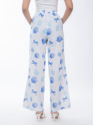 Blue Shell Printed White Jute Straight Pants