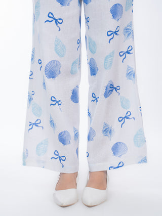 Blue Shell Printed White Jute Straight Pants