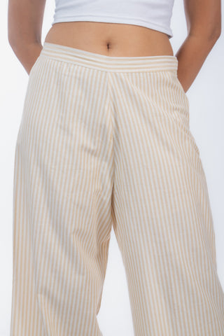 Beige Stripes Handloom Cotton Straight Pants