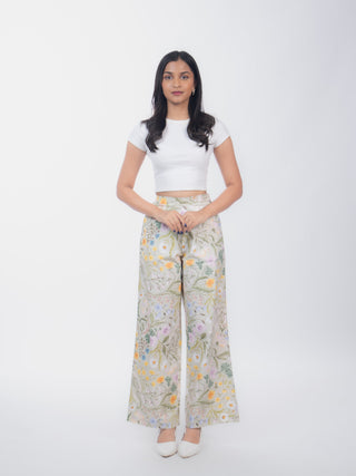 Pastel Green Floral Printed Cotton Straight Pants