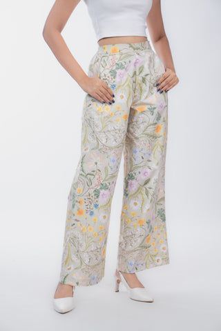 Pastel Green Floral Printed Cotton Straight Pants