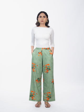 Orange Floral Printed Cotton Straight Pants