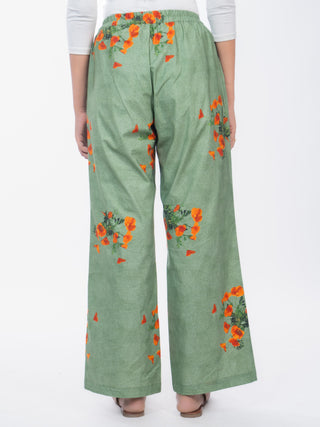 Orange Floral Printed Cotton Straight Pants