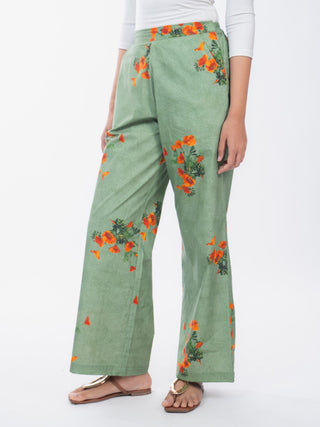 Orange Floral Printed Cotton Straight Pants
