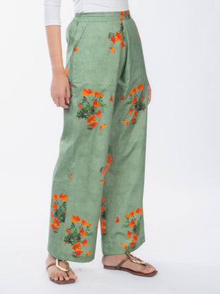 Orange Floral Printed Cotton Straight Pants