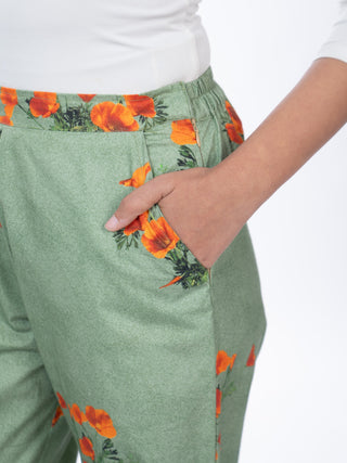 Orange Floral Printed Cotton Straight Pants