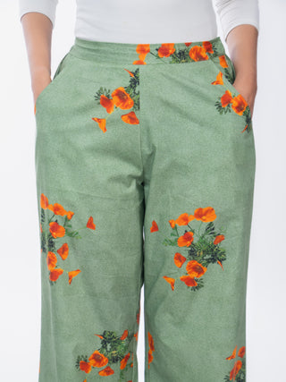 Orange Floral Printed Cotton Straight Pants