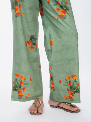 Orange Floral Printed Cotton Straight Pants