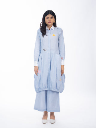 Blue Stripes Gathered Kurta Set with Embroidered Patch & Straight Pants