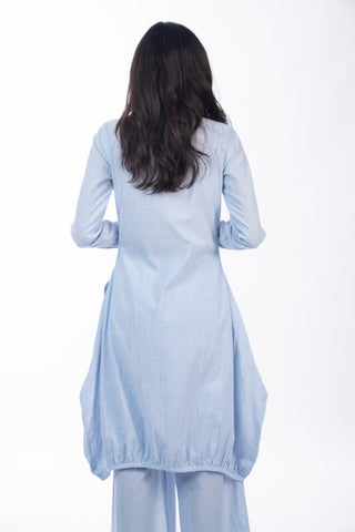 Blue Stripes Gathered Kurta Set with Embroidered Patch & Straight Pants
