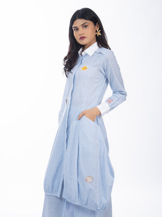 Blue Stripes Gathered Kurta Set with Embroidered Patch & Straight Pants
