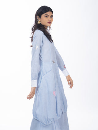 Blue Stripes Gathered Kurta Set with Embroidered Patch & Straight Pants