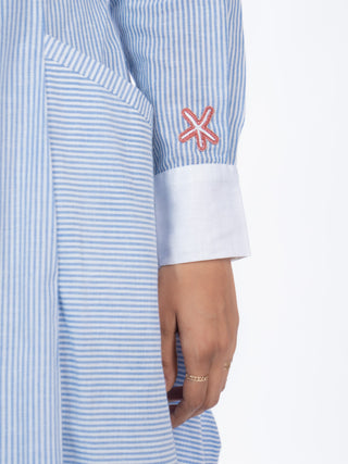 Blue Stripes Gathered Kurta Set with Embroidered Patch & Straight Pants