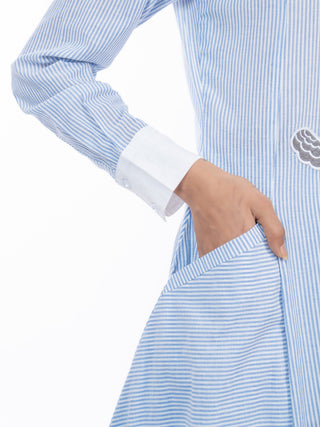 Blue Stripes Gathered Kurta Set with Embroidered Patch & Straight Pants