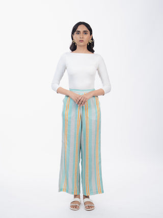 Aqua Green Stripes Cotton Straight Pants