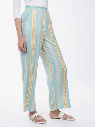 Aqua Green Stripes Cotton Straight Pants