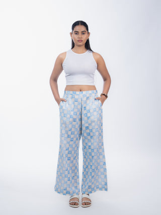 Blue & Yellow Geometric Print Wide-Leg Trousers