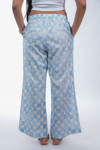 Blue & Yellow Geometric Print Wide-Leg Trousers