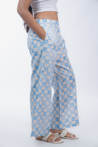 Blue & Yellow Geometric Print Wide-Leg Trousers