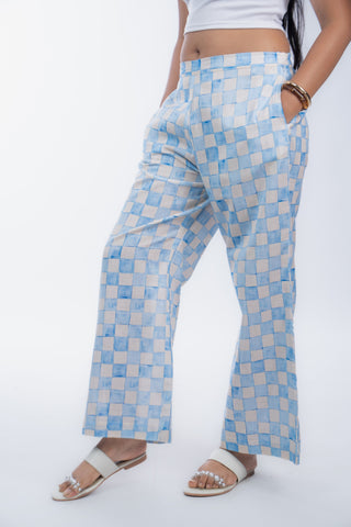 Blue & Yellow Geometric Print Wide-Leg Trousers