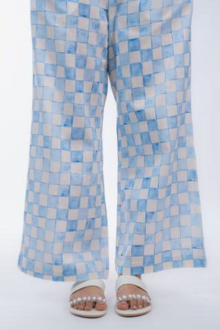 Blue & Yellow Geometric Print Wide-Leg Trousers