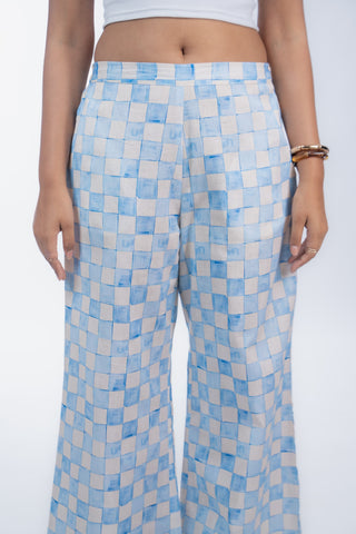 Blue & Yellow Geometric Print Wide-Leg Trousers