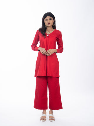 RED LAWN SHORT KURTA AND CHIKANKARI PANTS
