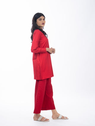 RED LAWN SHORT KURTA AND CHIKANKARI PANTS