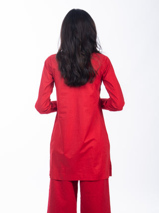 RED LAWN SHORT KURTA AND CHIKANKARI PANTS