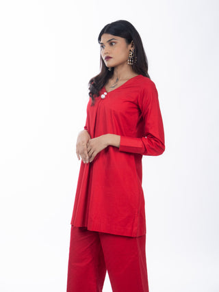 RED LAWN SHORT KURTA AND CHIKANKARI PANTS