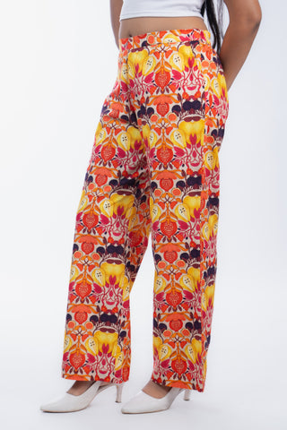 Yellow Fruit Printed Cotton Straight Pants