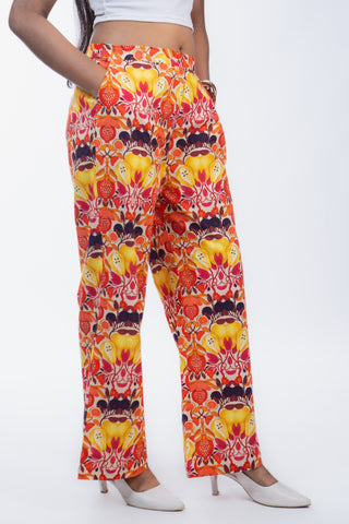 Yellow Fruit Printed Cotton Straight Pants