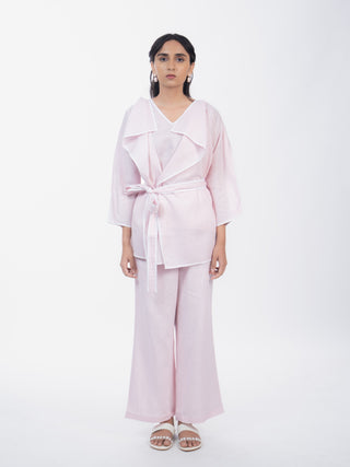 Baby Pink Soft Cotton Structured Shirt Pant Set | Belted Waist | For Women
