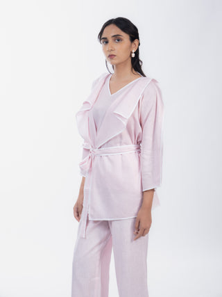 Baby Pink Soft Cotton Structured Shirt Pant Set | Belted Waist | For Women