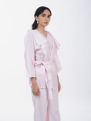 Baby Pink Soft Cotton Structured Shirt Pant Set | Belted Waist | For Women