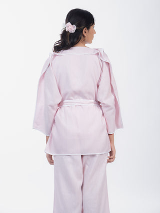 Baby Pink Soft Cotton Structured Shirt Pant Set | Belted Waist | For Women