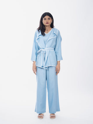 Sky Blue Cotton Structured Shirt Pant Set | Belted Waist | For Women