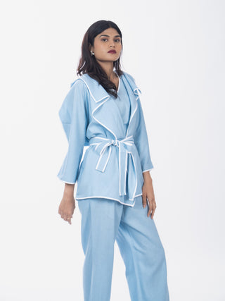 Sky Blue Cotton Structured Shirt Pant Set | Belted Waist | For Women